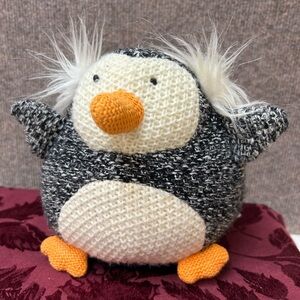 Anthropologie knitted Black and White‎ Penguin with earmuffs Plush Stuffy Toy
